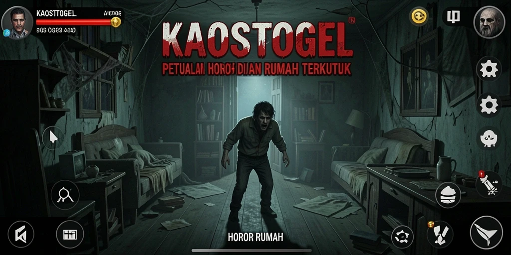 Antarmuka menyeramkan dari KAOSTOGEL dengan suasana horor yang kental.